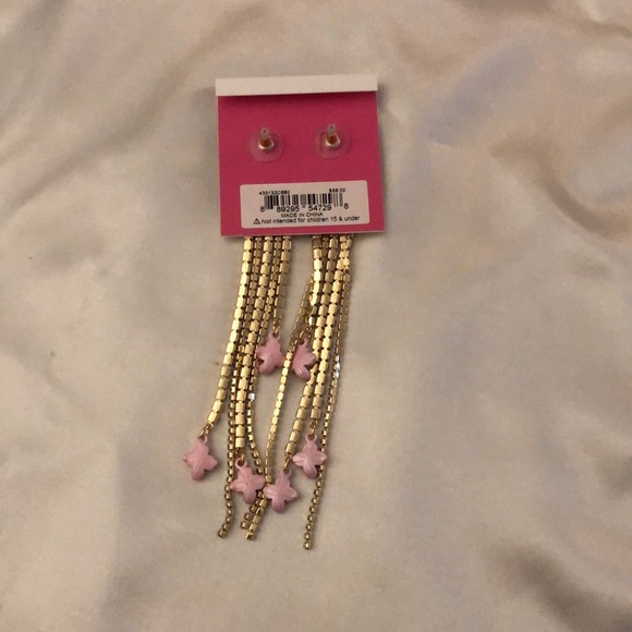 Betsey Johnson Gold Tone Crystal Cup Chain Fringe Drop Earrings Flower Accent - Picture 10 of 11